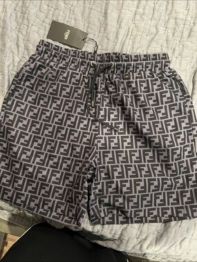 Fendi Men’s Black and Gray FF Logo Swim Trunks